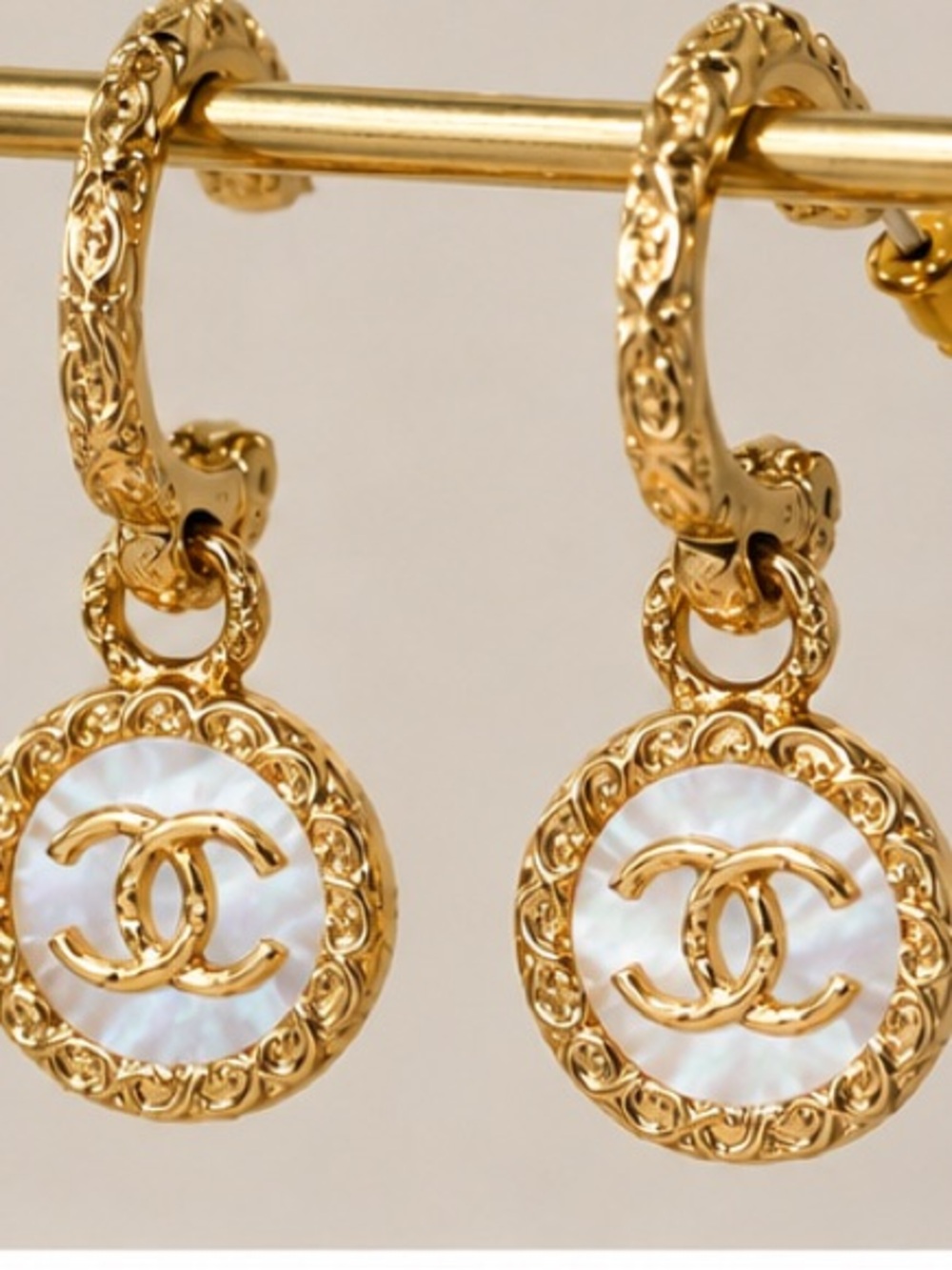 Gold-Tone Interlocking CC Pendant Hoop Earrings - Picture 4 of 4